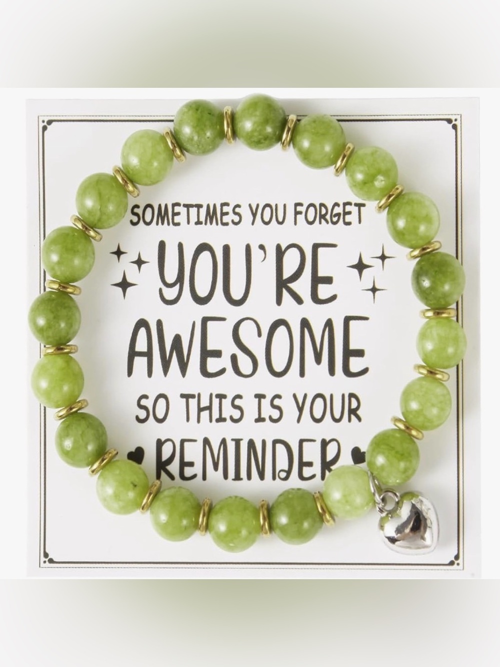 Green Beaded Bracelet with Gold Accents and Heart Charm